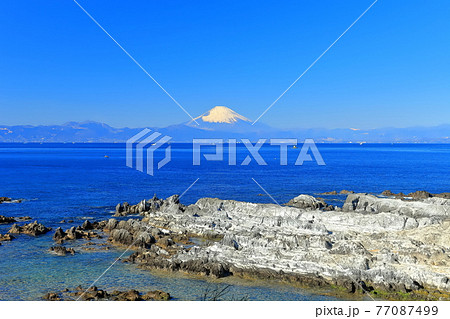 【神奈川県】快晴の荒崎海岸と富士山 【神奈川県】快晴の荒崎海岸と富士山 77087499