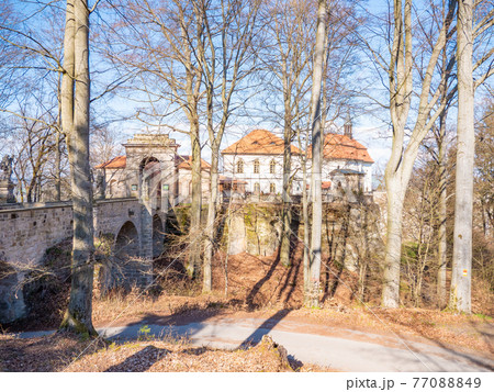 Valdstejn, Czechia. 26th of April 2021. The Valdstejn gothic castle Valdstejn, Czechia. 26th of April 2021. The Valdstejn gothic castle 77088849