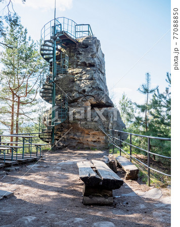 Rock lookout Hlavatice above Turnov town, north Czechia. Rock lookout Hlavatice above Turnov town, north Czechia. 77088850