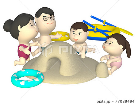 ビーチで砂遊びをする家族 77089494