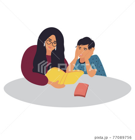 Mother and son are doing their homework 77089756