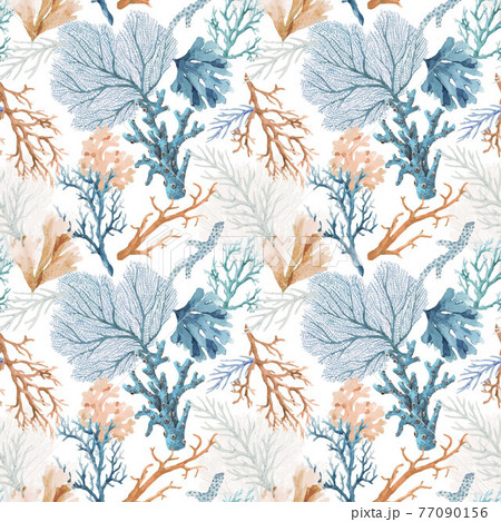 Beautiful vector seamless underwater pattern with watercolor sea life colorful corals. Stock illustration. 77090156