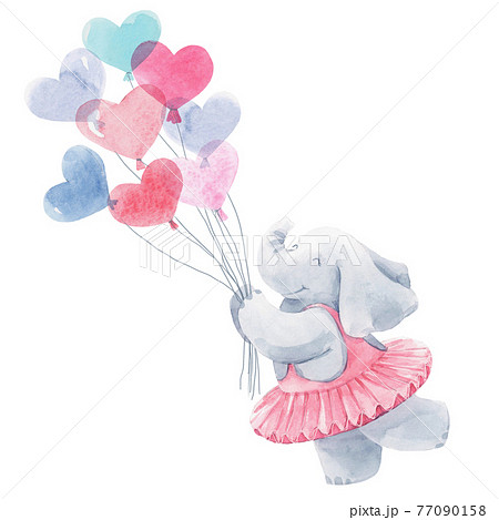 Beautiful baby birthday illustration with hand drawn watercolor cute elephant animal with air baloons. 77090158