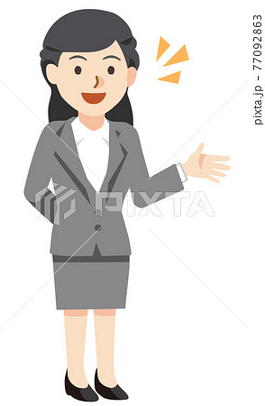 手を横に出しながら笑顔で説明するビジネスウーマンのイラスト素材