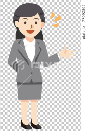手を横に出しながら笑顔で説明するビジネスウーマンのイラスト素材