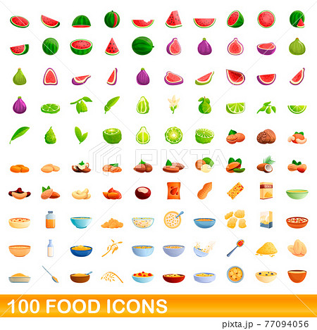 100 food icons set, cartoon style 100 food icons set, cartoon style 77094056