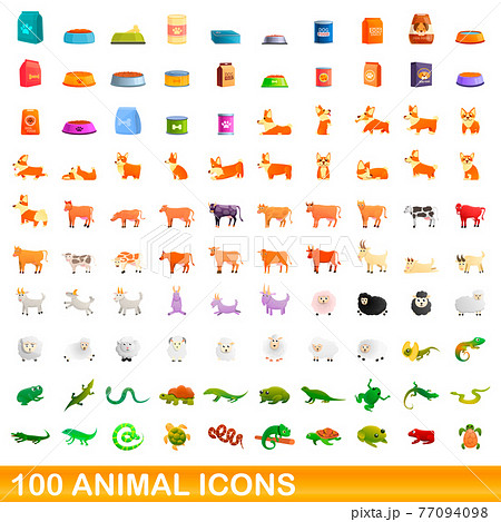 100 animal icons set, cartoon style 77094098
