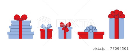 Gift boxes set in modern flat style. Red ribbons and bows. Vector 77094501