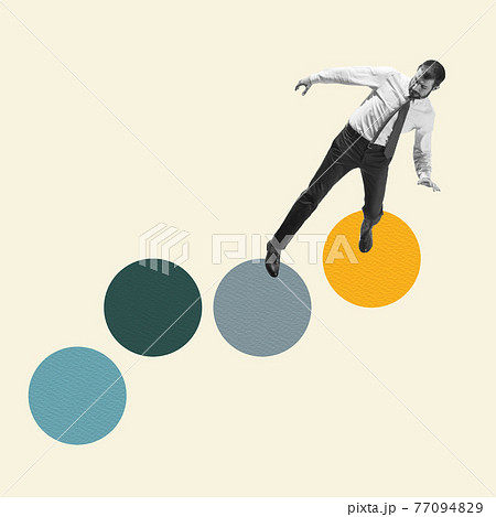 Modern design, contemporary art collage. Inspiration, idea, trendy urban magazine style. Manager, businessman going on rounds geometrical background Modern design, contemporary art collage. Inspiration, idea, trendy urban magazine style. Manager, businessman going on rounds geometrical background 77094829