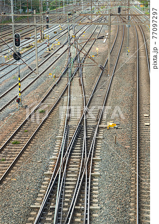 Railway tracks in Helsinki, Finland at summer day. 77097297