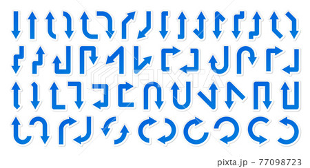 Colorful arrow stickers set. Blue pointers collection. Simple arrows in different shapes. Direction signs. Vector illustration. 77098723