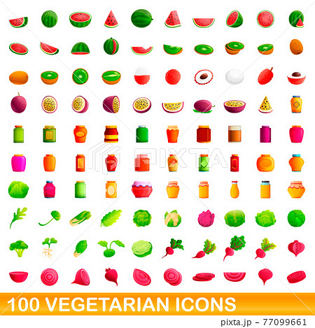100 vegetarian icons set, cartoon style 77099661