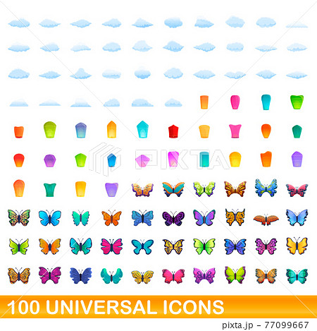 100 universal icons set, cartoon style 77099667