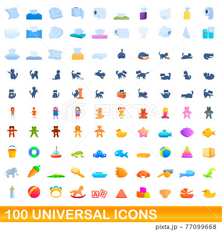100 universal icons set, cartoon style 77099668