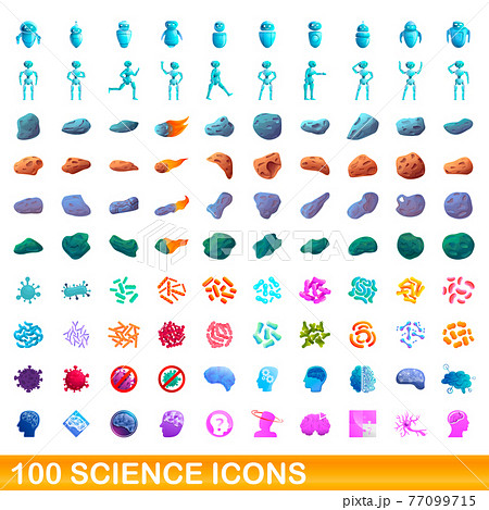 100 science icons set, cartoon style 77099715