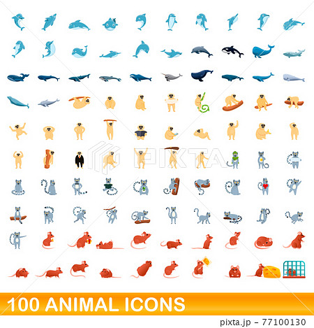 100 animal icons set, cartoon style 77100130