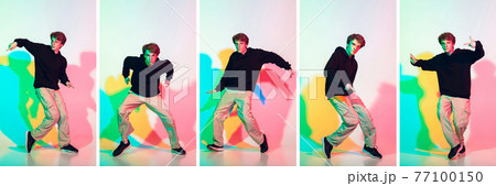 Portraits of young man on multicolored background in neon light, collage. Portraits of young man on multicolored background in neon light, collage. 77100150
