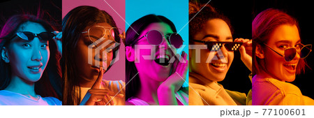 Portraits of group of people on multicolored background in neon light, collage. 77100601
