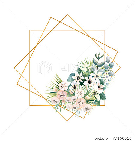 Frame with small flowers of actinidia, bouvardia, tropical and palm leaves. Wedding bouquet in a frame for the design of a stylish invitation. Watercolour illustration Frame with small flowers of actinidia, bouvardia, tropical and palm leaves. Wedding bouquet in a frame for the design of a stylish invitation. Watercolour illustration 77100610