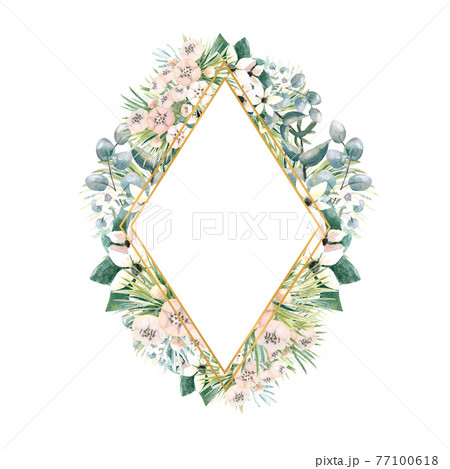 Diamond-shaped gold frame with small flowers of actinidia, bouvardia, tropical and palm leaves. Wedding bouquet in a frame for the design of a stylish invitation. Watercolour illustration 77100618