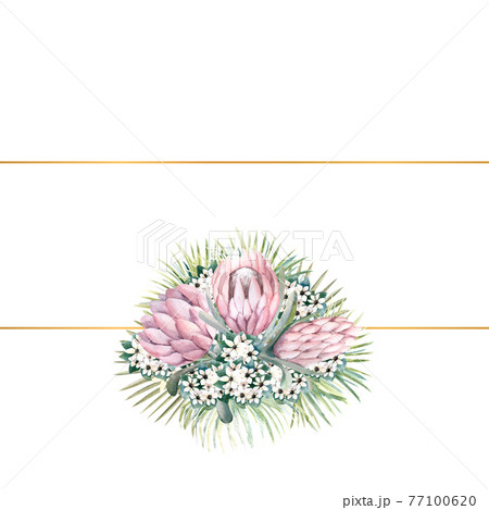 Rectangular gold frame with protea flowers, tropical leaves, palm leaves, bouvardia flowers. Wedding bouquet in a frame for the design of a stylish invitation. Watercolour illustration Rectangular gold frame with protea flowers, tropical leaves, palm leaves, bouvardia flowers. Wedding bouquet in a frame for the design of a stylish invitation. Watercolour illustration 77100620