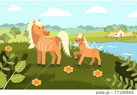 A horse with a foal on the background of a rural landscape in a flat style. Vector illustration 77100669