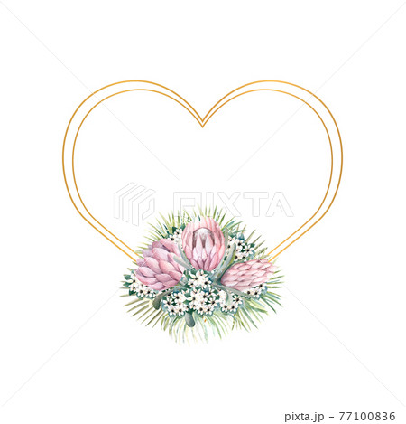 Frame with protea flowers, tropical leaves, palm leaves, bouvardia flowers. Wedding bouquet in a frame for the design of a stylish invitation. Watercolour illustration Frame with protea flowers, tropical leaves, palm leaves, bouvardia flowers. Wedding bouquet in a frame for the design of a stylish invitation. Watercolour illustration 77100836