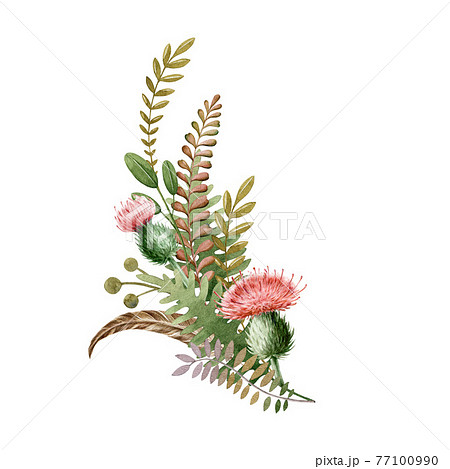 Floral autumn natural arrangement. Watercolor illustration. Woodland element. Hand drawn rustic forest decor from fern, thistle flowers, green leaves. Seasonal decoration on white background 77100990