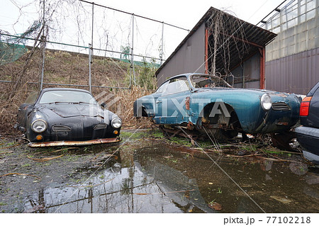 廃墟 廃車 草ヒロ 廃車体 草むらのヒーロー レトロカ クラシックカー ビートル ワーゲンバスの写真素材