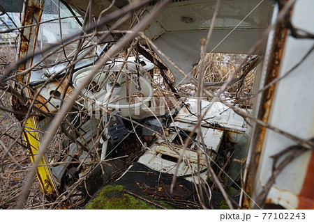 廃墟　廃車　草ヒロ　廃車体　草むらのヒーロー　レトロカ―　クラシックカー　ビートル　ワーゲンバス 77102243