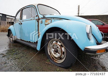廃墟　廃車　草ヒロ　廃車体　草むらのヒーロー　レトロカ―　クラシックカー　ビートル　ワーゲンバス 77102437
