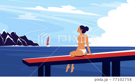 Summertime beach vacation banner with girl 77102758