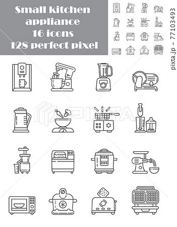 Kitchen small appliances line pixel perfect icons set vector. Household tools symbol for app, web. Cooking equipment are shown meat grinder, blender, coffee machine, microwave, multicooker. 77103493