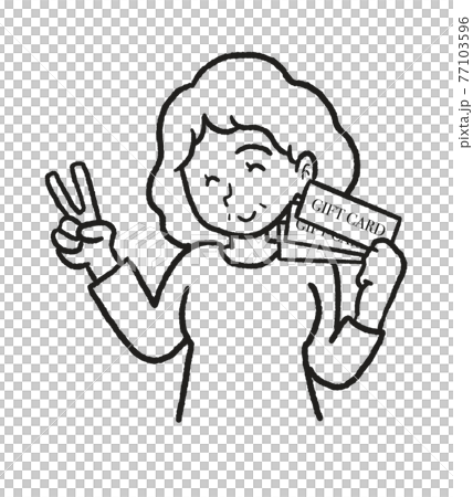 Line drawing illustration of a mother who received a gift card on Mother's Day Line drawing illustration of a mother who received a gift card on Mother's Day 77103596