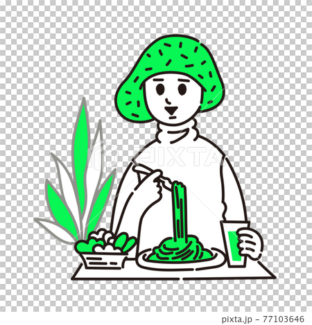 パスタ、サラダを食べる女性 77103646