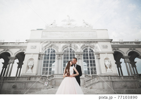 Luxury married wedding couple, bride and groom posing in luxury city Luxury married wedding couple, bride and groom posing in luxury city 77103890