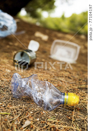 noncompostable garbage thrown on the forest 77104197