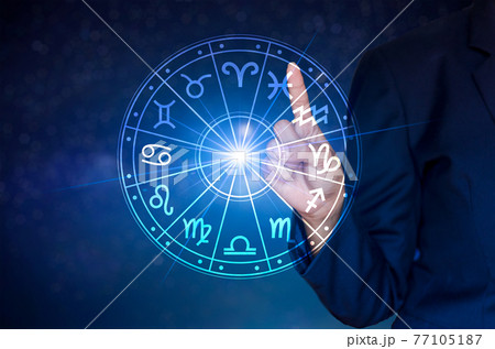 Zodiac signs inside of horoscope circle. Astrology in the sky with many stars and moons astrology and horoscopes concept Zodiac signs inside of horoscope circle. Astrology in the sky with many stars and moons astrology and horoscopes concept 77105187