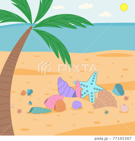 Background with beach seashore and seashells on the sand under a palm tree. Background with beach seashore and seashells on the sand under a palm tree. 77105307