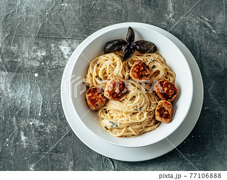 Zucchini Parmesan Meatballs with Pasta Carbonara 77106888