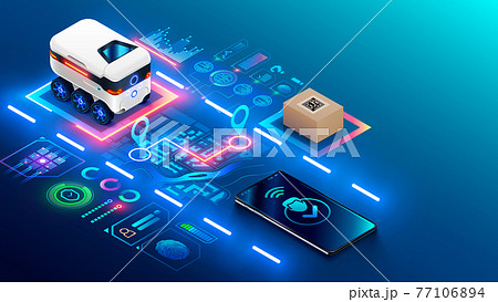 Autonomous robot on wheels delivers purchases home. The automatic drone rover route on city map to buyer. Automated courier delivery service for purchases. Tracking order delivery on mobile phone. 77106894