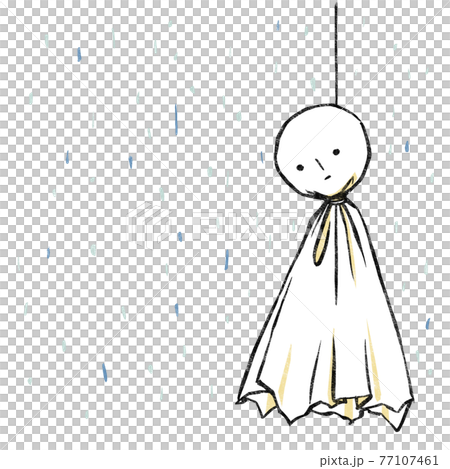 そぼ降る雨を背景に吊されたてるてる坊主 版画風 そぼ降る雨を背景に吊されたてるてる坊主 版画風 77107461