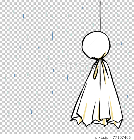 そぼ降る雨を背景に吊された顔なしのてるてる坊主 筆描き マット塗りのイラスト素材