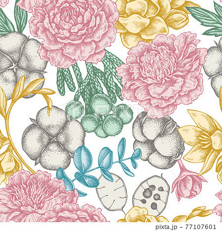 Seamless pattern with hand drawn pastel ficus, eucalyptus, peony, cotton, freesia, brunia 77107601
