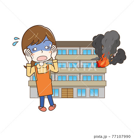 自宅マンションの火事にショックを受ける女性のイラスト素材
