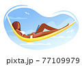 African Woman Working on Laptop Lying in Hammock on Beach. Freelancer, remote work, Summer Time Leisure. Lounging Female Character Relaxing on Resort. Cartoon Flat Vector Illustration isolated white 77109979