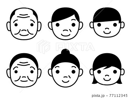 白黒の線で描いた家族の顔だけのイラスト 子供 両親 祖父母 のイラスト素材