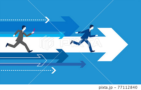 バトンを渡すビジネスマンと矢印のイラスト、事業継承のイメージ、青バック、ベクター素材 77112840