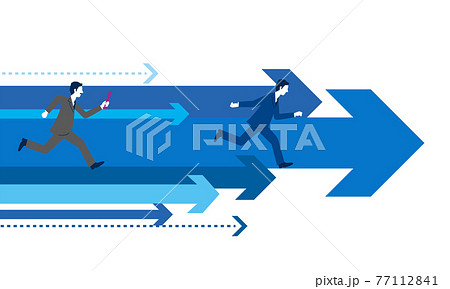 バトンを渡すビジネスマンと矢印のイラスト、事業継承のイメージ、白バック、ベクター素材 77112841