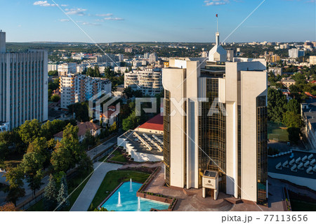 Chisinau, Moldova. Aerial drone view of Presidential Palace and Ministry of Agriculture and Food Industry buildings Chisinau, Moldova. Aerial drone view of Presidential Palace and Ministry of Agriculture and Food Industry buildings 77113656